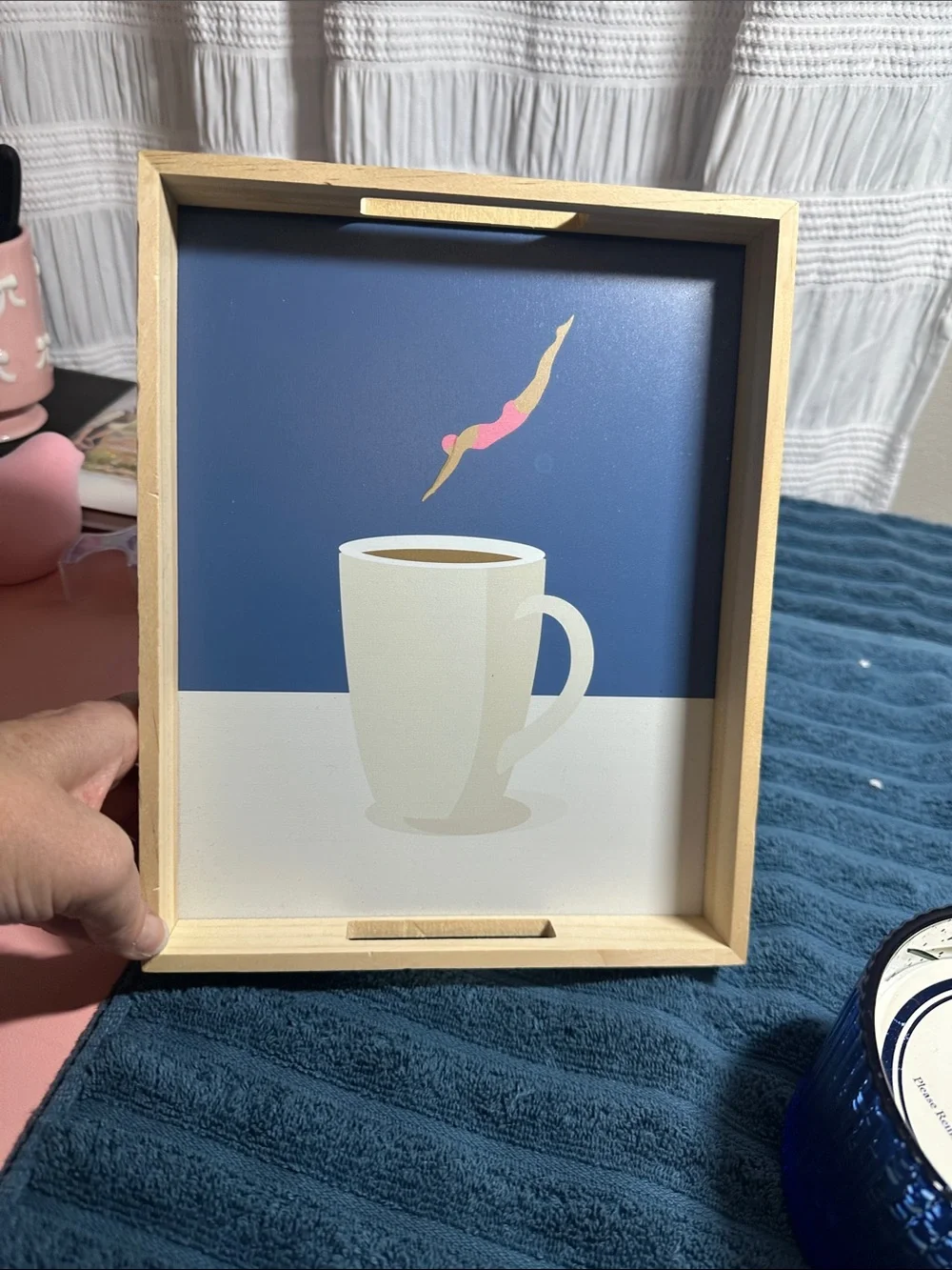 Coffee Cup Decorative Serving Tray with Wood Frame -& Blue Candle NWT